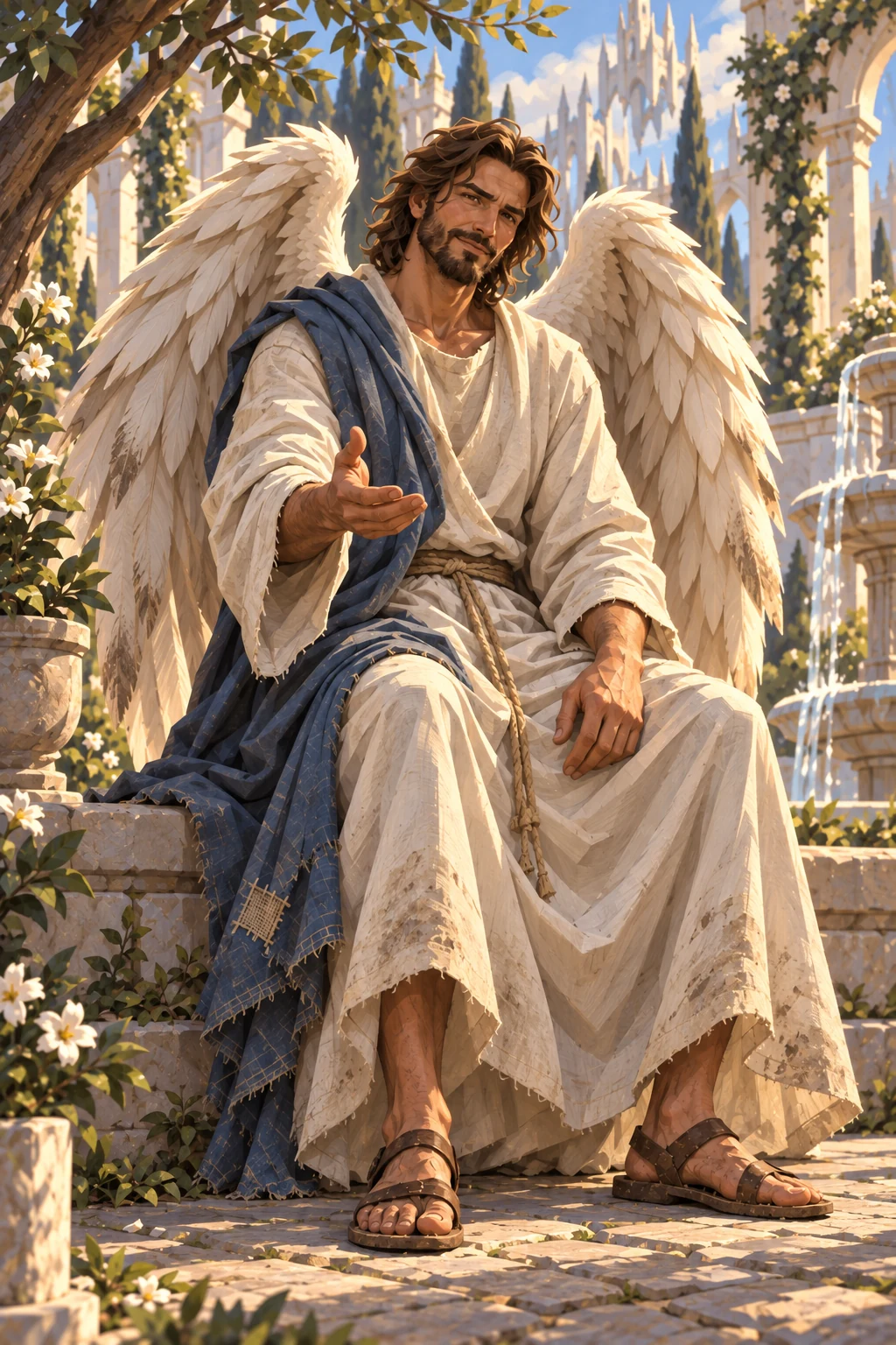 Gabriel in weathered ivory linen and a repaired blue mantle, with broad cream wings.