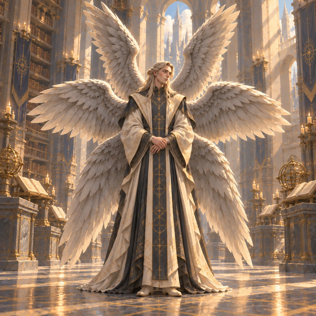 Metatron with six silver-grey wings arranged in three pairs.