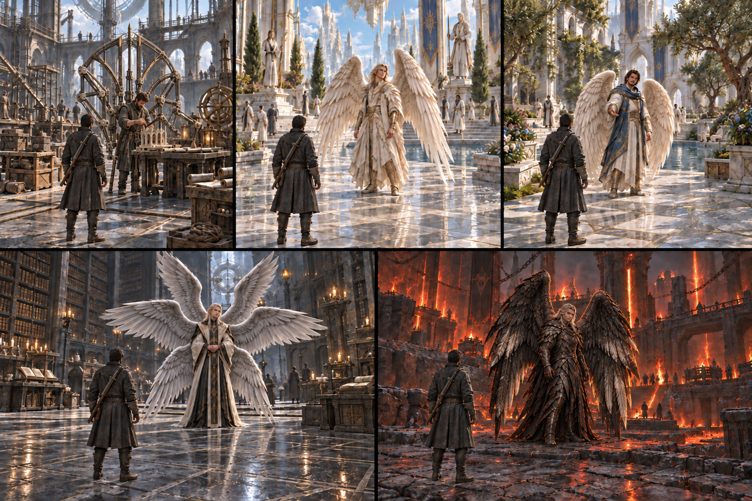 Five gameplay concept panels: Michael with an articulated framework; Samael with ivory wings; Gabriel with softer cream wings; Metatron with three silver wing pairs; Lucifer with Hell-worn wings.